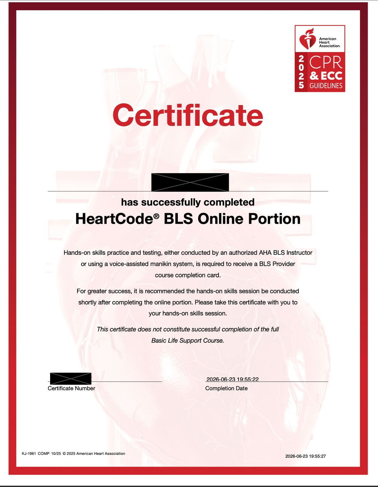 AHA BLS HeartCode certificate example