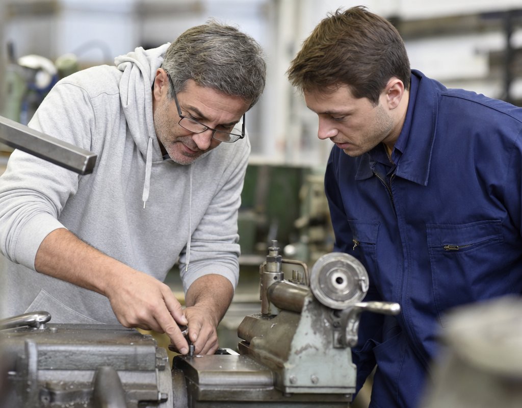 hands-on learning moment with experienced worker guiding junior employee through a practical task in workplace setting