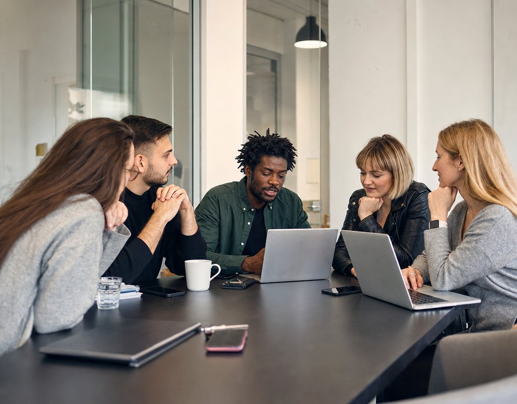 diverse group of young professionals in modern office having collaborative meeting around table