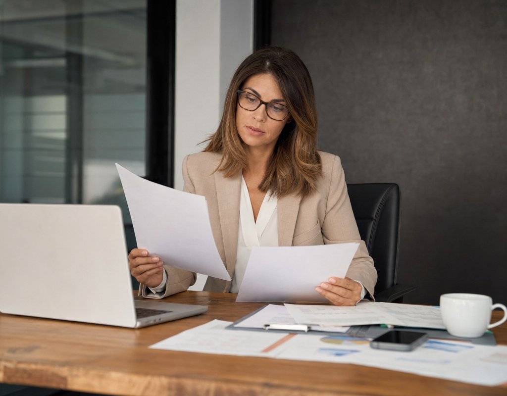 professional recruiter reviewing printed resumes at desk with laptop and coffee