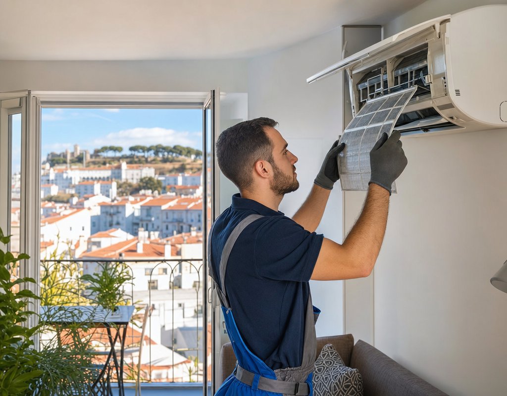 Professional technician cleaning an air conditioning unit filter in a bright modern living room in Lisbon