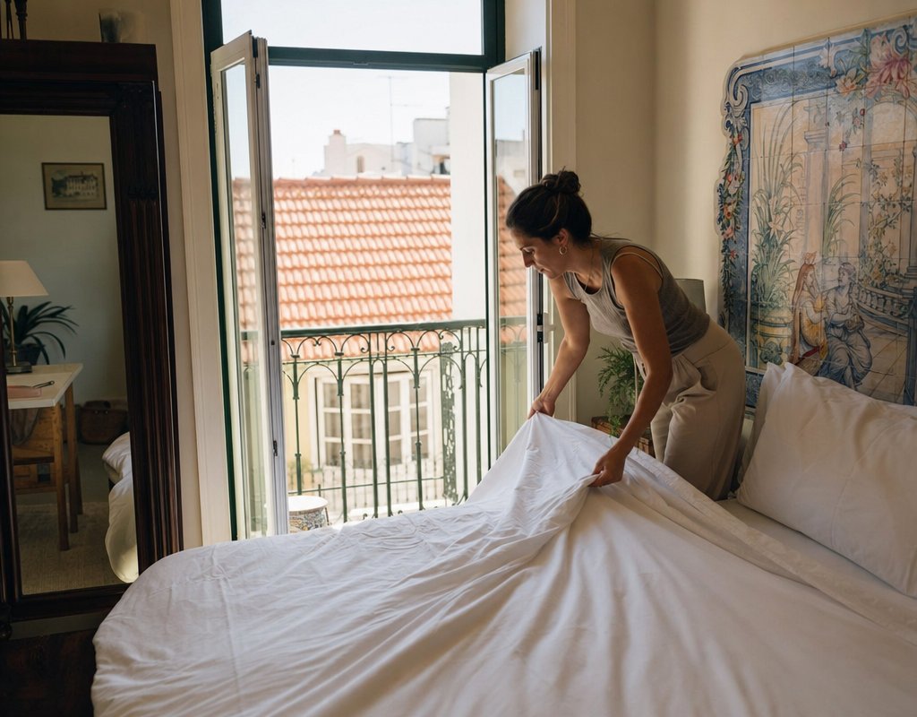Cozy bedroom in Lisbon apartment with fresh white bedsheets being changed by hand in natural morning light