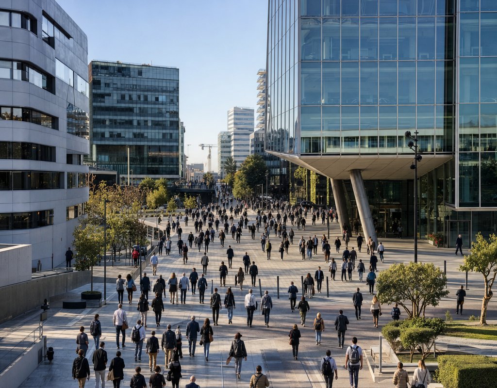 Aerial photo of a busy modern office district in Lisbon with people walking to work in the morning light