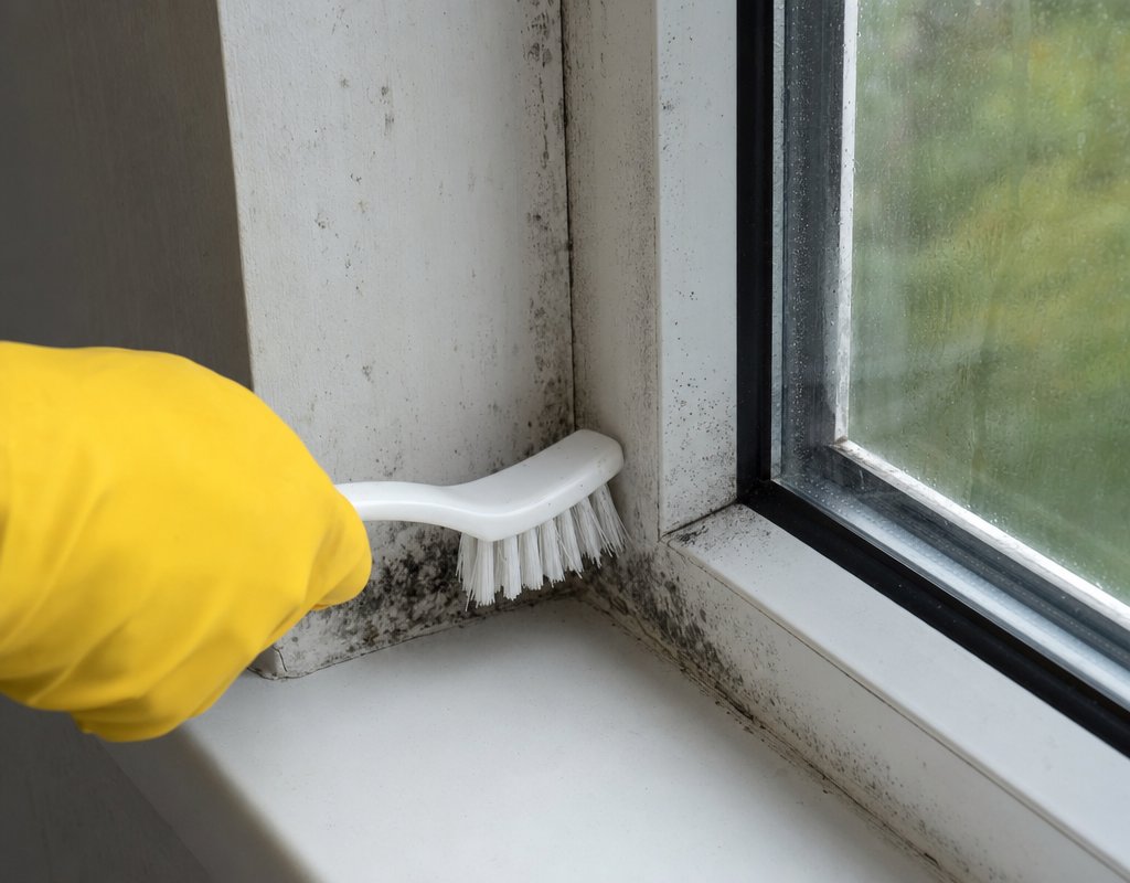 Close-up of a window frame with mold stains being cleaned with a soft brush and cleaning solution