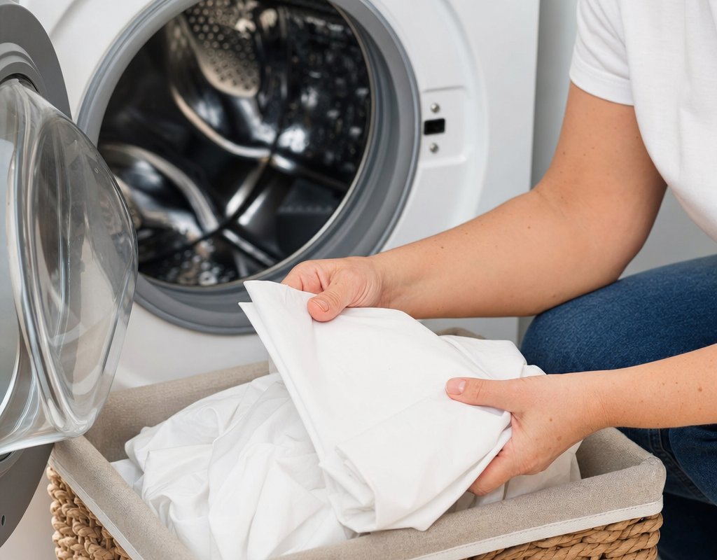 Close-up of hands folding clean white laundry sheets fresh out of a washing machine