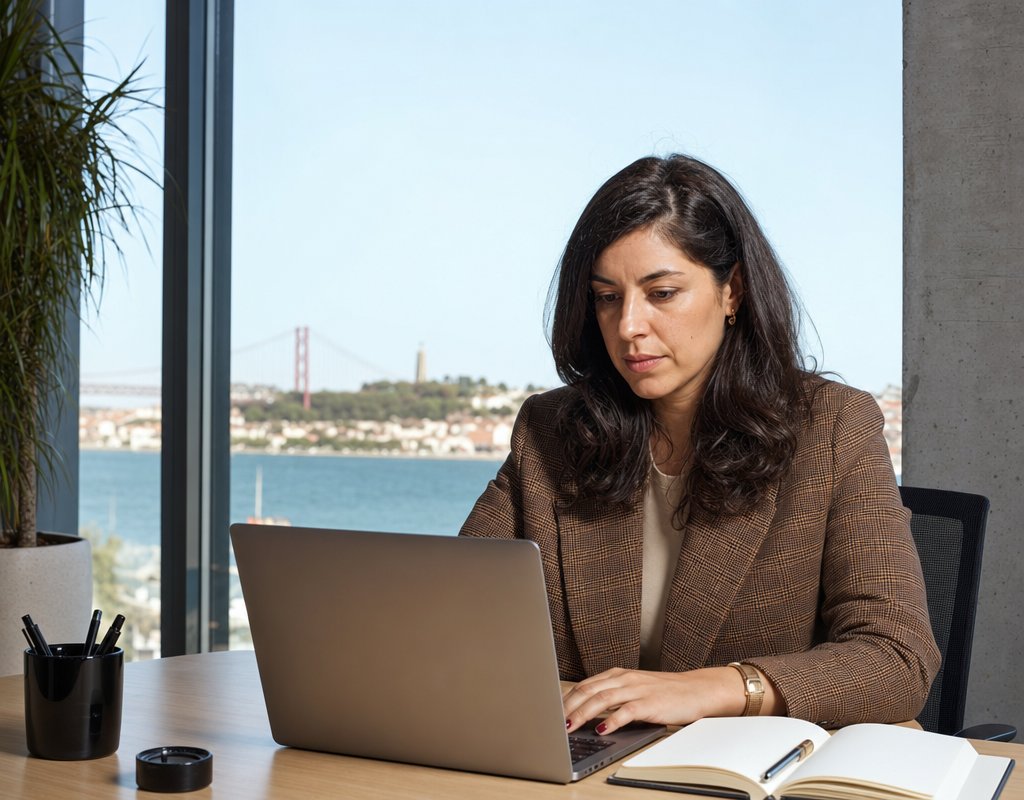 professional recruiter reviewing candidate profiles on a laptop in a modern Lisbon office, natural light, business casual attire