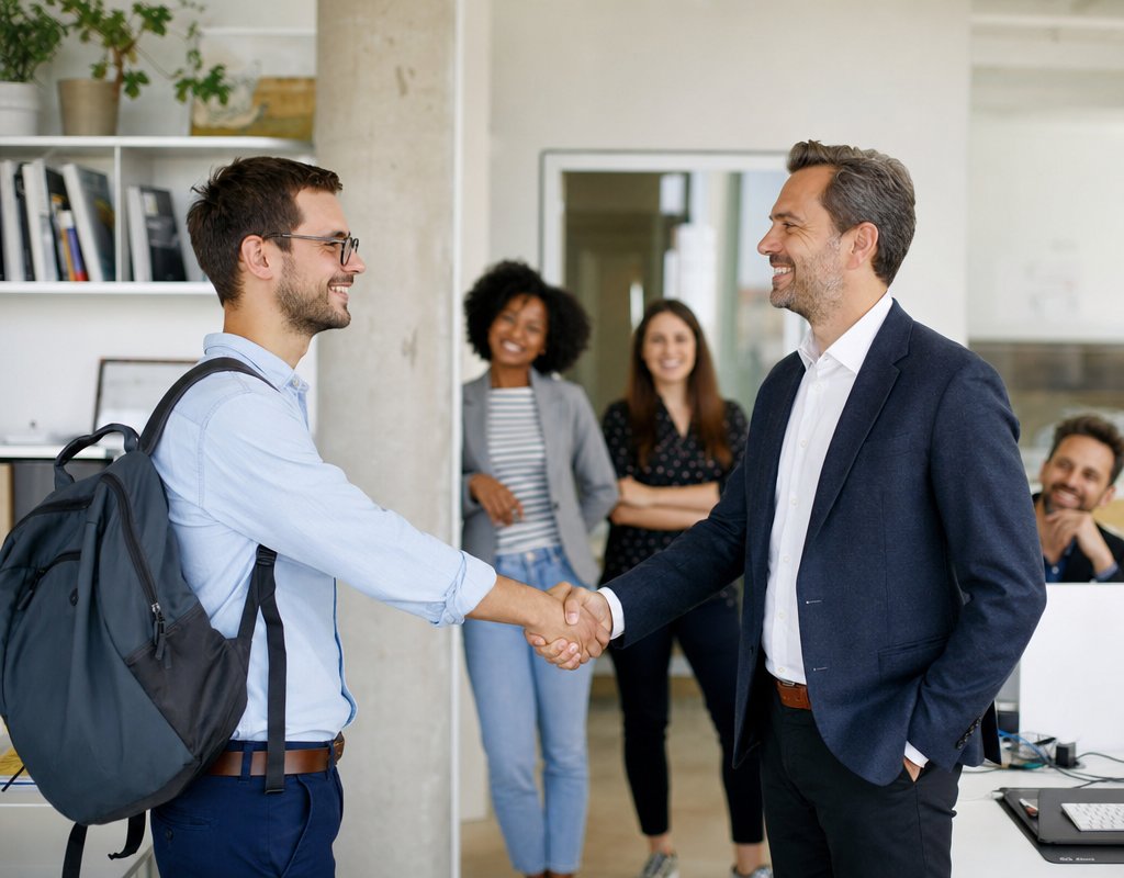 young employee on first day at work being welcomed by manager in a bright contemporary office