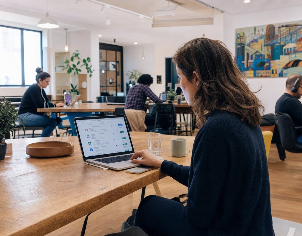 Young professional using a laptop at a co-working space with a job board website open, natural daylight