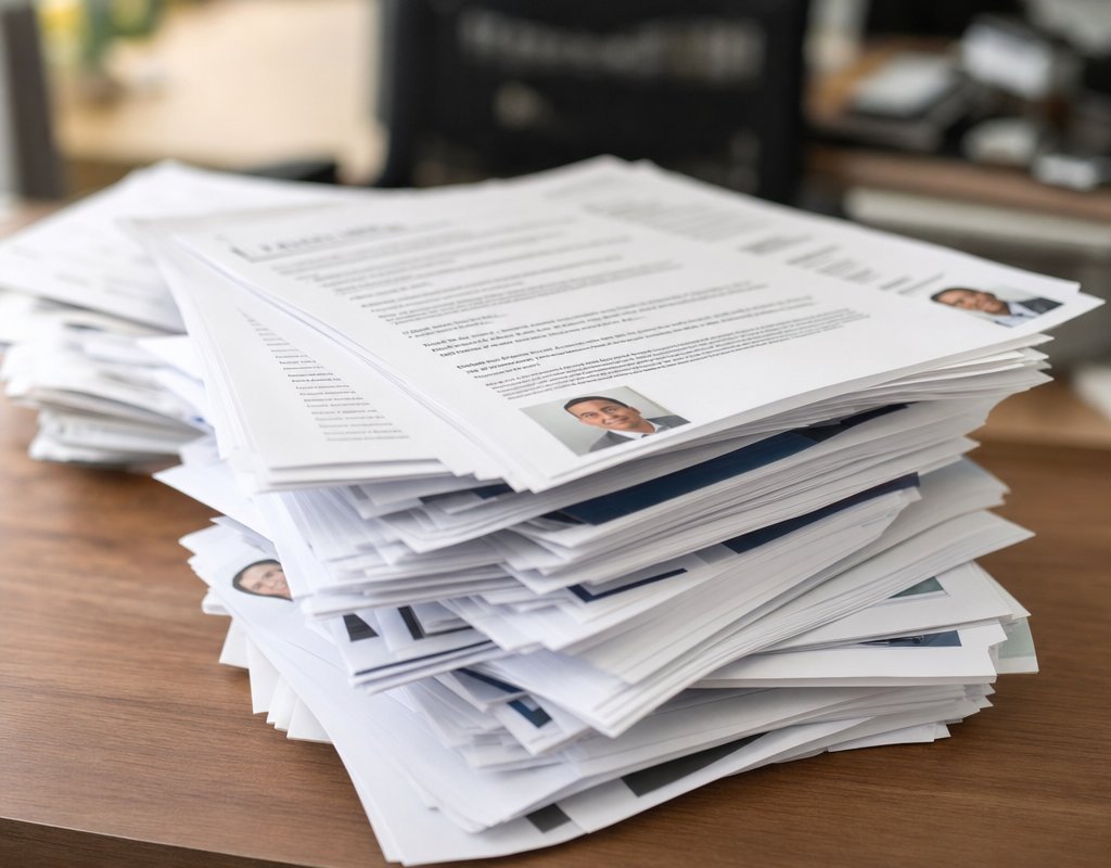 stack of printed resumes in a pile on an office desk, some pages face down and partially visible