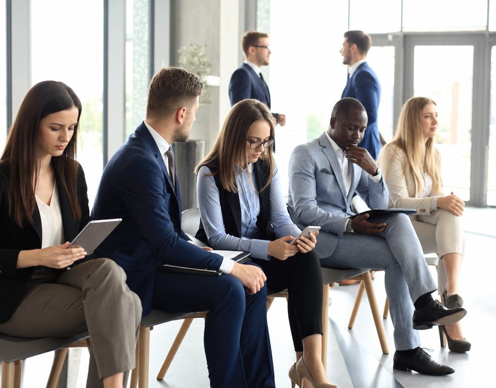 diverse group of job candidates waiting in a bright modern company reception area, professional attire, confident body language