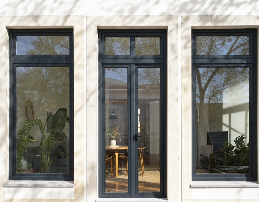sparkling clean windows of a residential home in Lisbon with sunlight reflecting beautifully, fresh and bright interior visible through glass