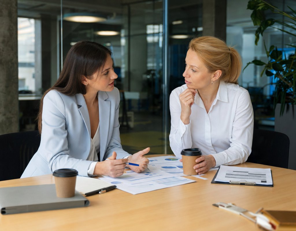 two recruiters having a discussion at a meeting table with printed documents and coffee cups, collaborative atmosphere in a corporate office