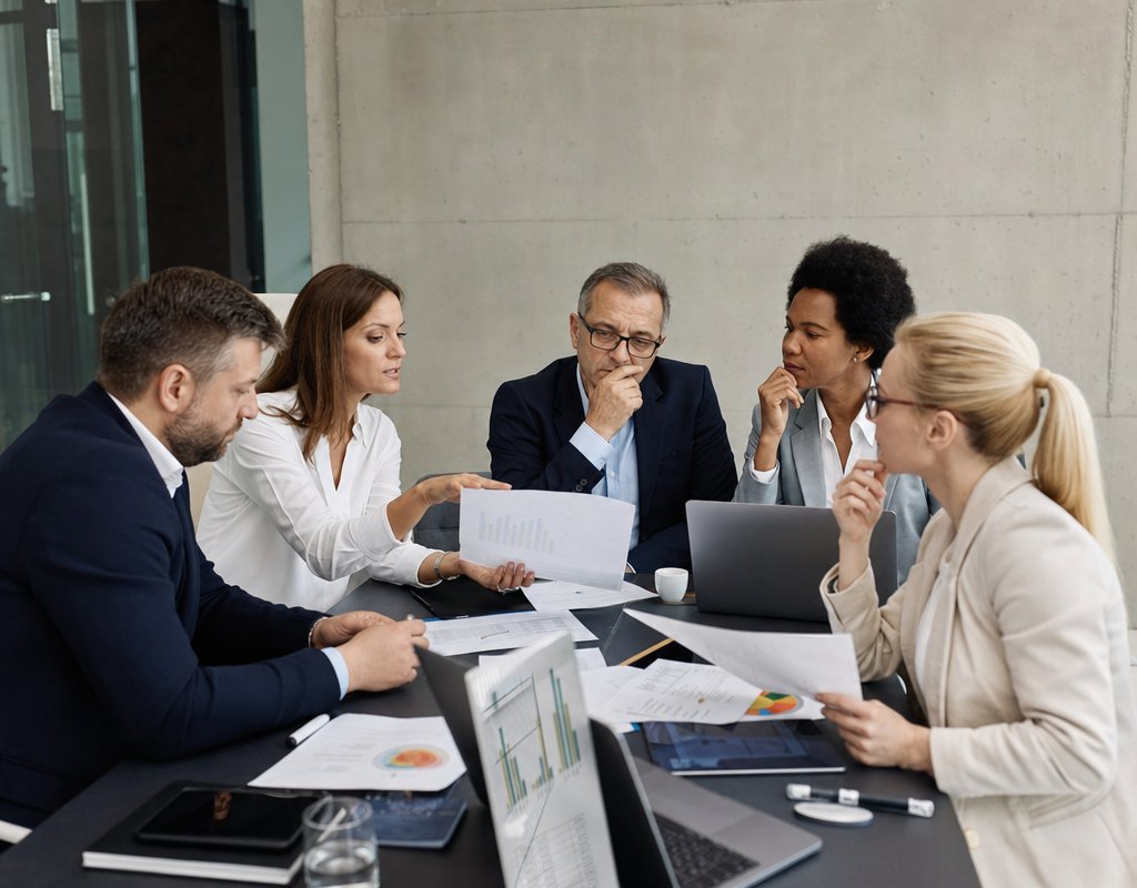 business team reviewing documents and salary data at conference table with laptops and paperwork