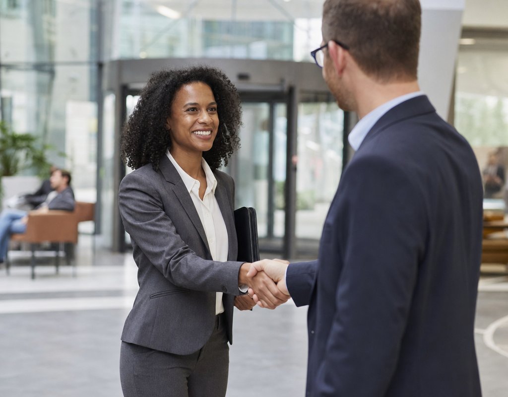 job candidate shaking hands with hiring manager in office lobby during recruitment interview