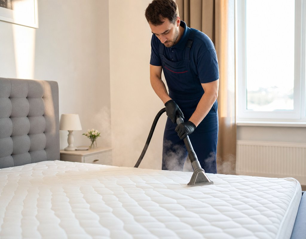 Professional cleaner using a steam vacuum cleaner on a mattress in a bright bedroom