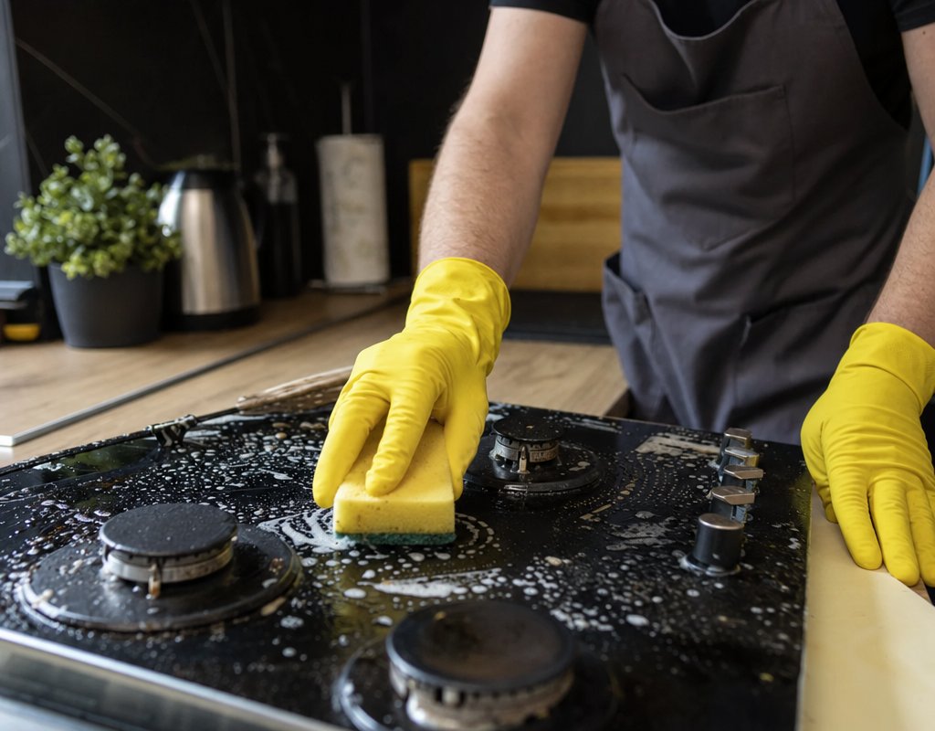 close up of professional cleaner scrubbing greasy kitchen stovetop with yellow gloves and sponge in a modern home kitchen