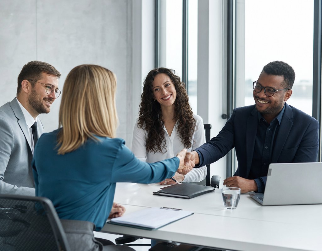 Diverse group of professionals shaking hands during a job interview in a bright modern office