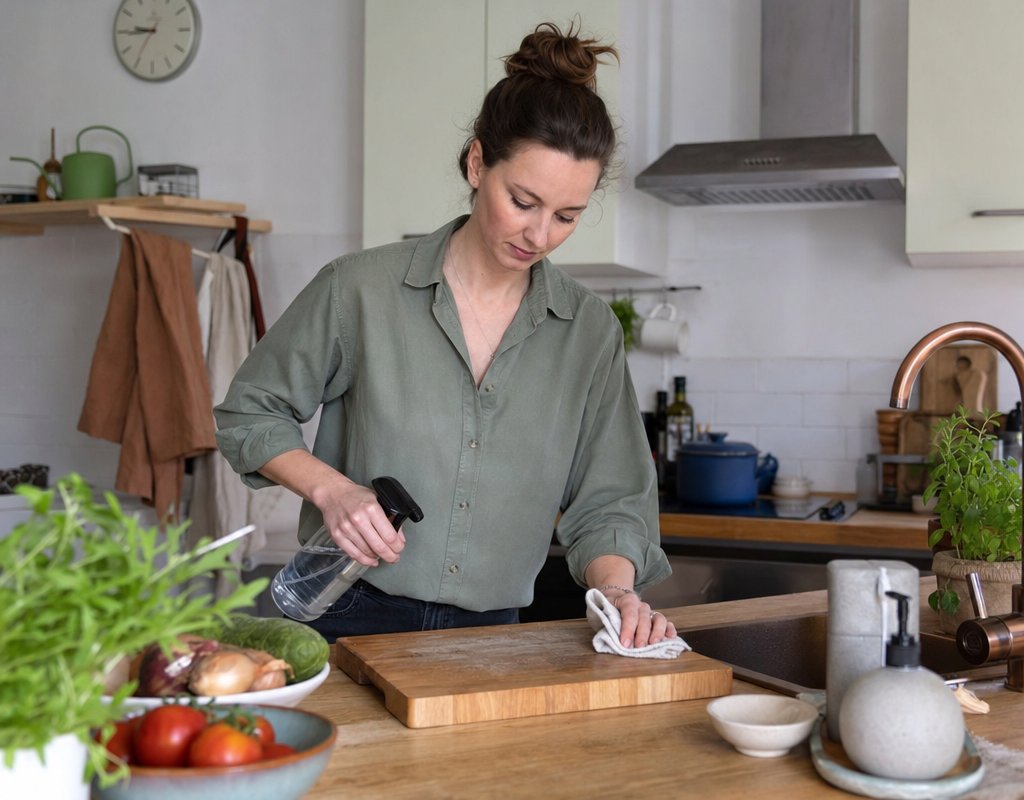 woman disinfecting kitchen cutting board with spray bottle and cloth in a bright domestic kitchen