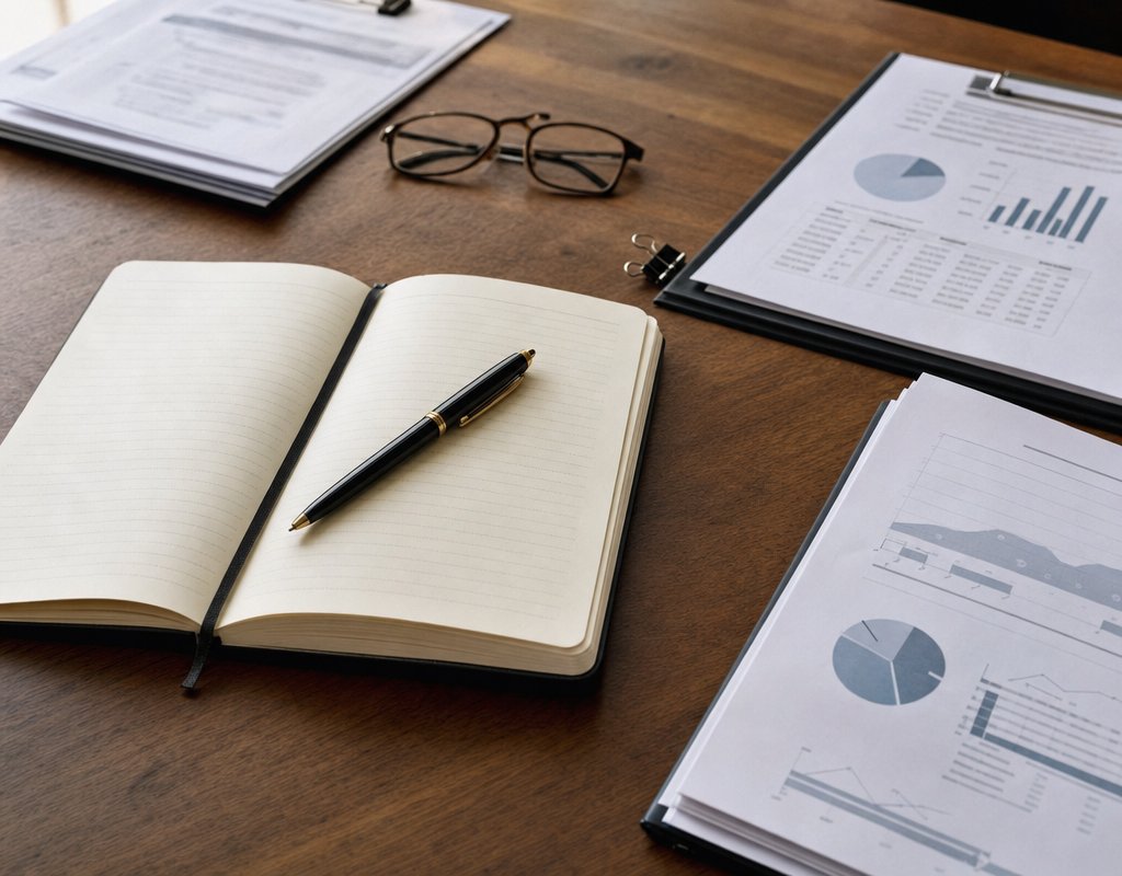organized workspace with notebook, pen, and neatly arranged documents on wooden table