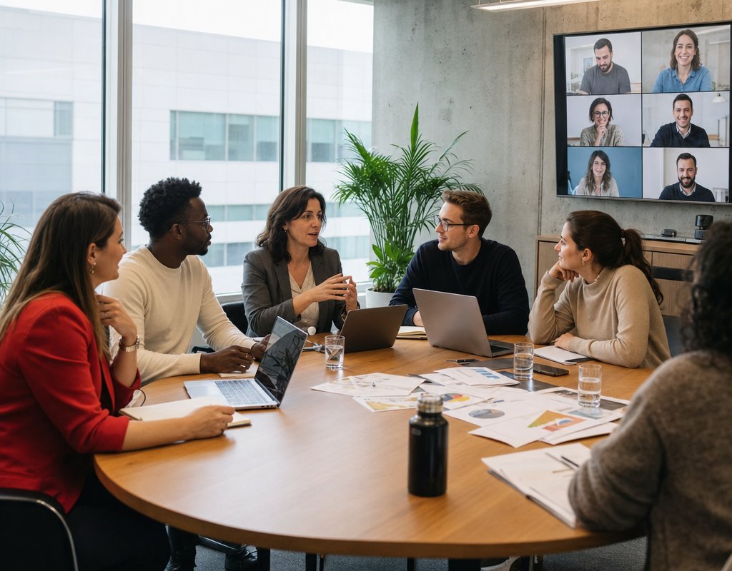 diverse team of Portuguese professionals collaborating in a hybrid meeting, some in-person and some on video call screens in a bright conference room