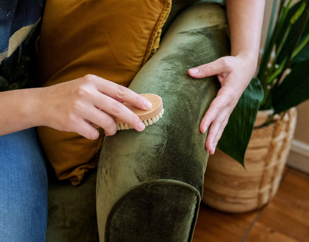 Photo of hands using a small upholstery brush to clean a velvet sofa armrest in a cozy home setting