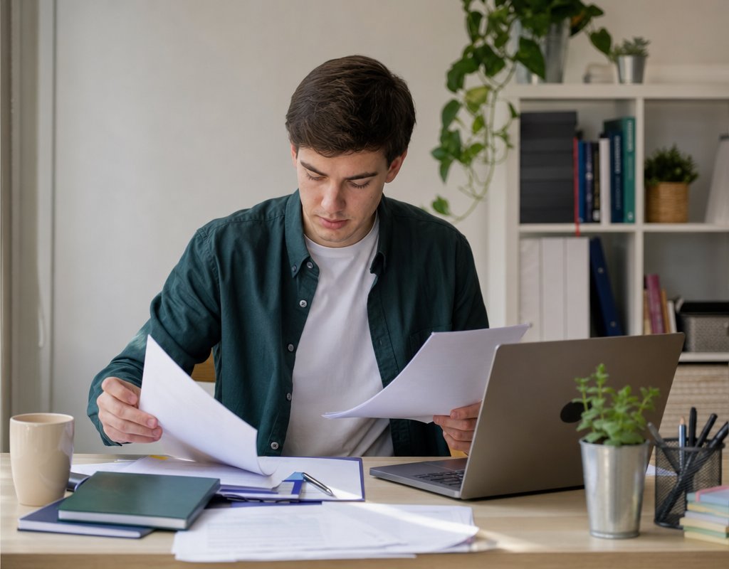young graduate organizing documents and laptop at a desk while preparing a resume at home