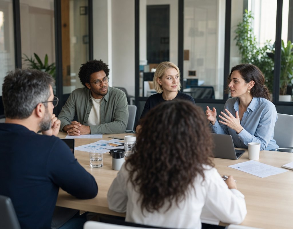 diverse group of professional candidates and hr managers in modern office meeting room discussing salary information