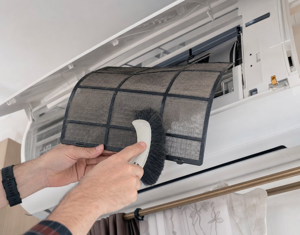 Close-up of hands removing dust from an air conditioner filter indoors