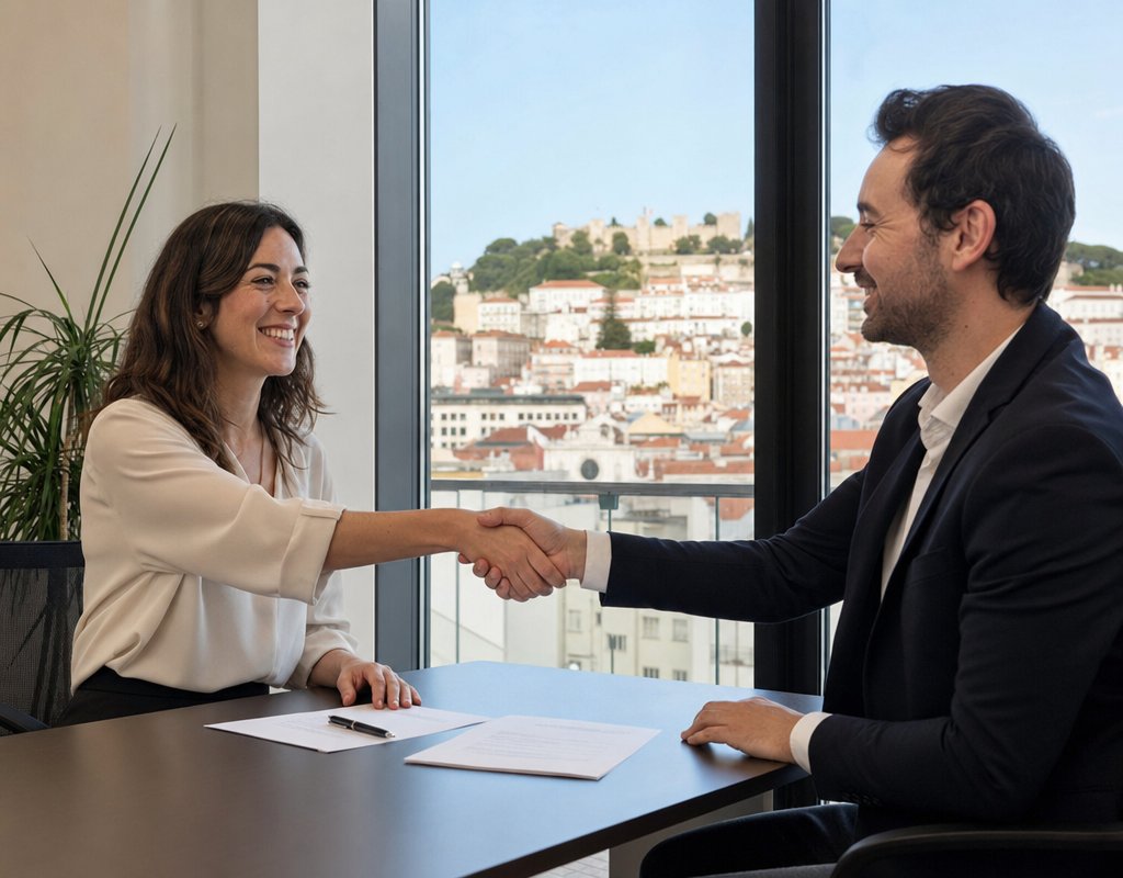 two professionals shaking hands after signing a work agreement at a modern office desk in Lisbon