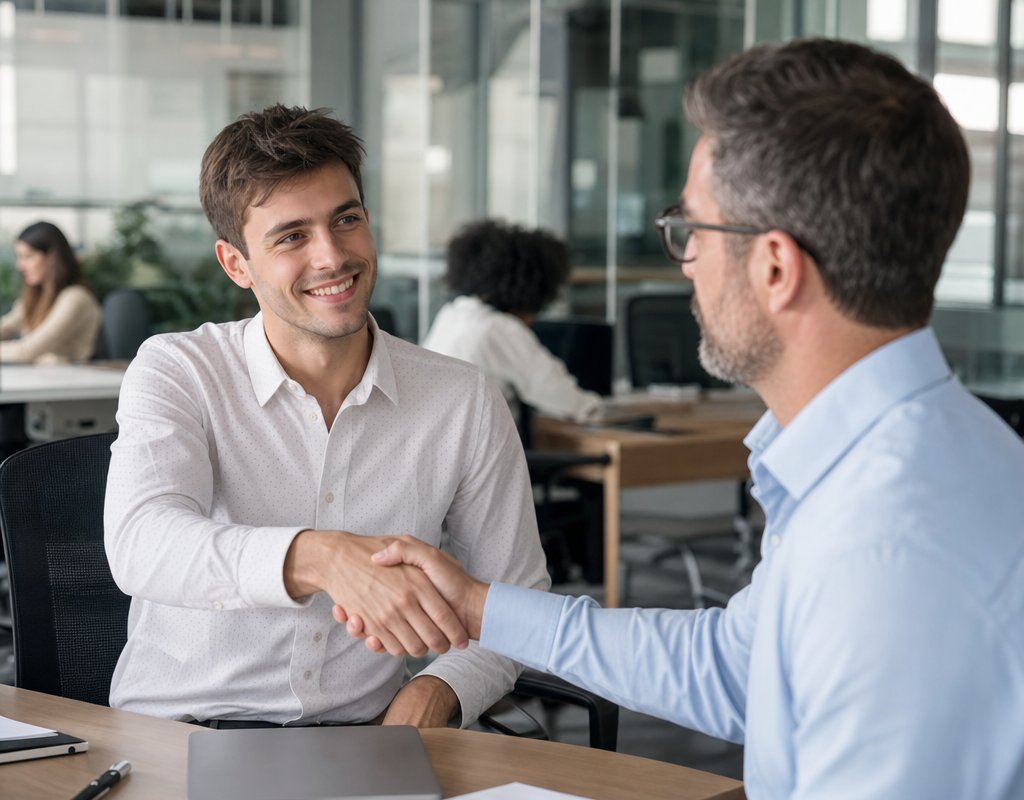 young professional sitting at desk on first day of work, smiling while shaking hands with mentor in modern office