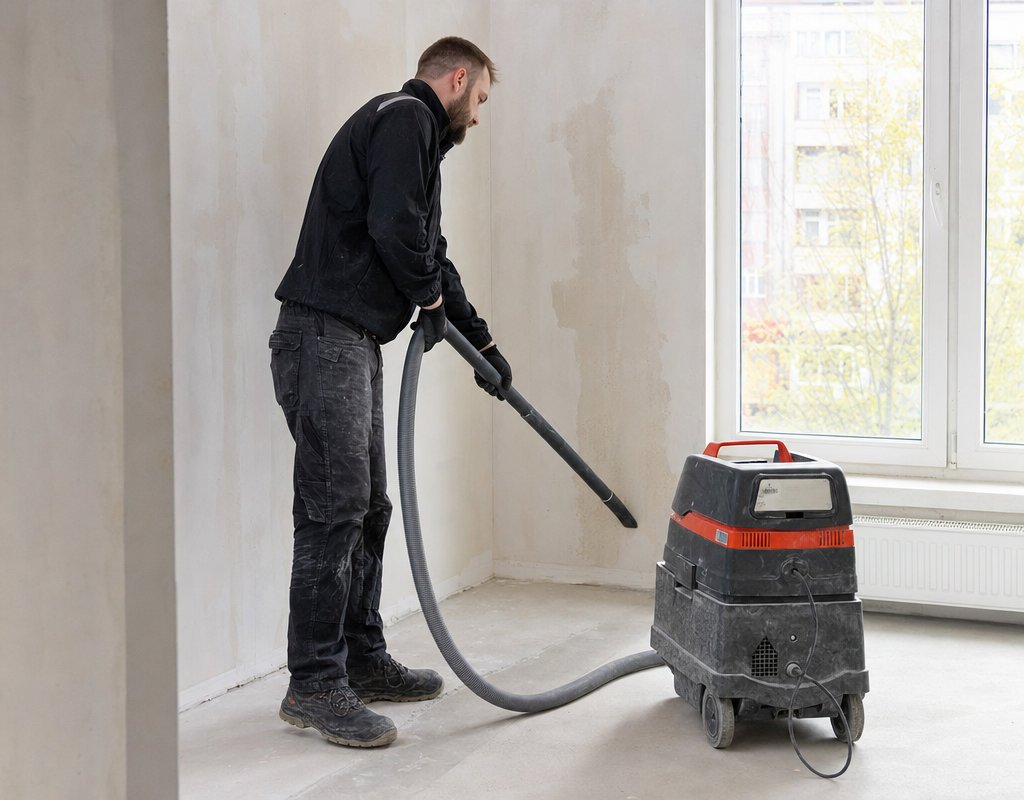 Cleaning professional using an industrial vacuum with HEPA filter to remove fine dust from walls and corners after renovation
