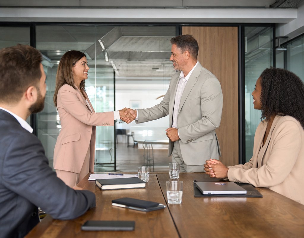 Two people shaking hands after a successful job negotiation in a corporate meeting room