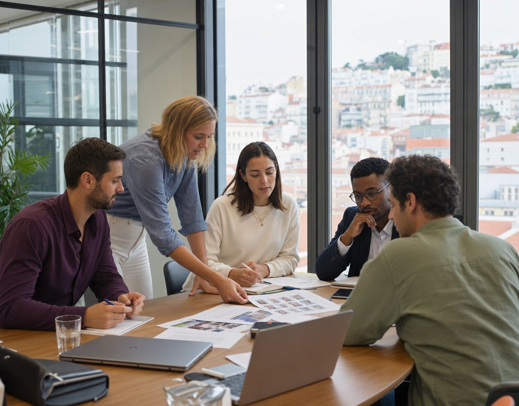Business team in a modern Lisbon office discussing recruitment strategy around a table