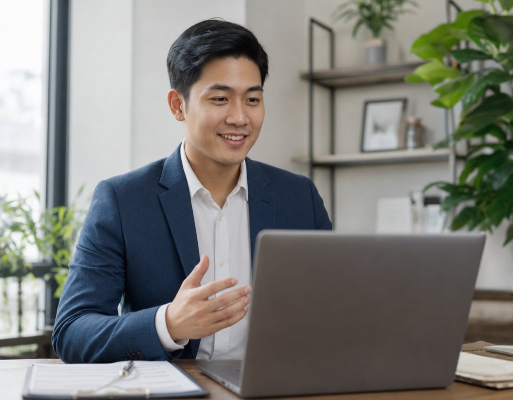 young professional in business casual attire smiling during a video interview on laptop