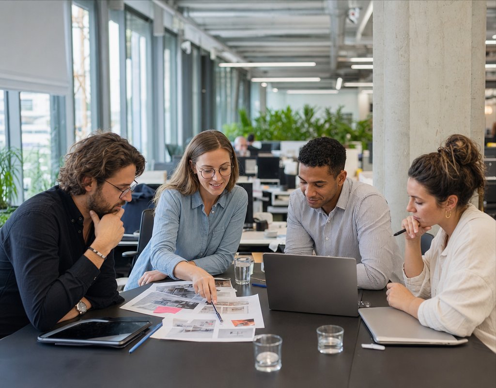 diverse group of employees collaborating around a table in a professional open-plan workplace in Portugal
