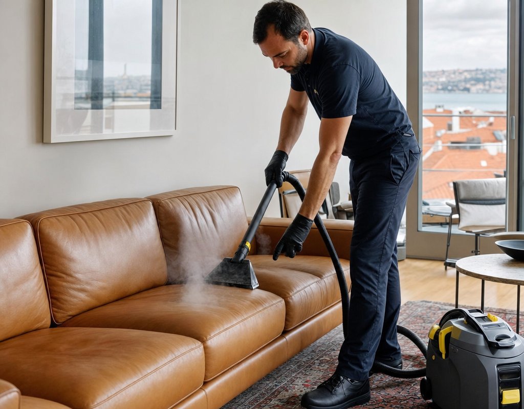 Photo of a professional cleaner using a steam vacuum machine on a leather sofa in a modern Lisbon apartment