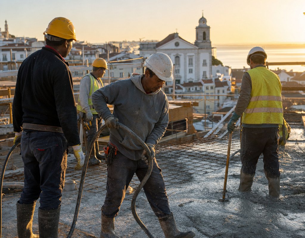 Diverse group of workers at a construction site in Portugal during golden hour