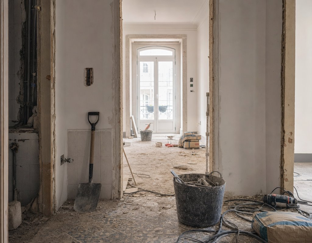 Construction dust and debris on the floor of a renovated apartment in Lisbon with tools and materials scattered around