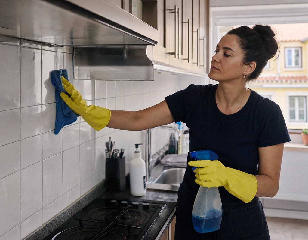 Professional cleaner wiping down kitchen tiles and corners with gloves and cleaning products in a Lisbon home