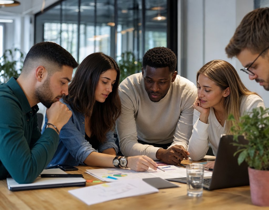 diverse group of young employees collaborating and problem-solving together at a conference table during a meeting
