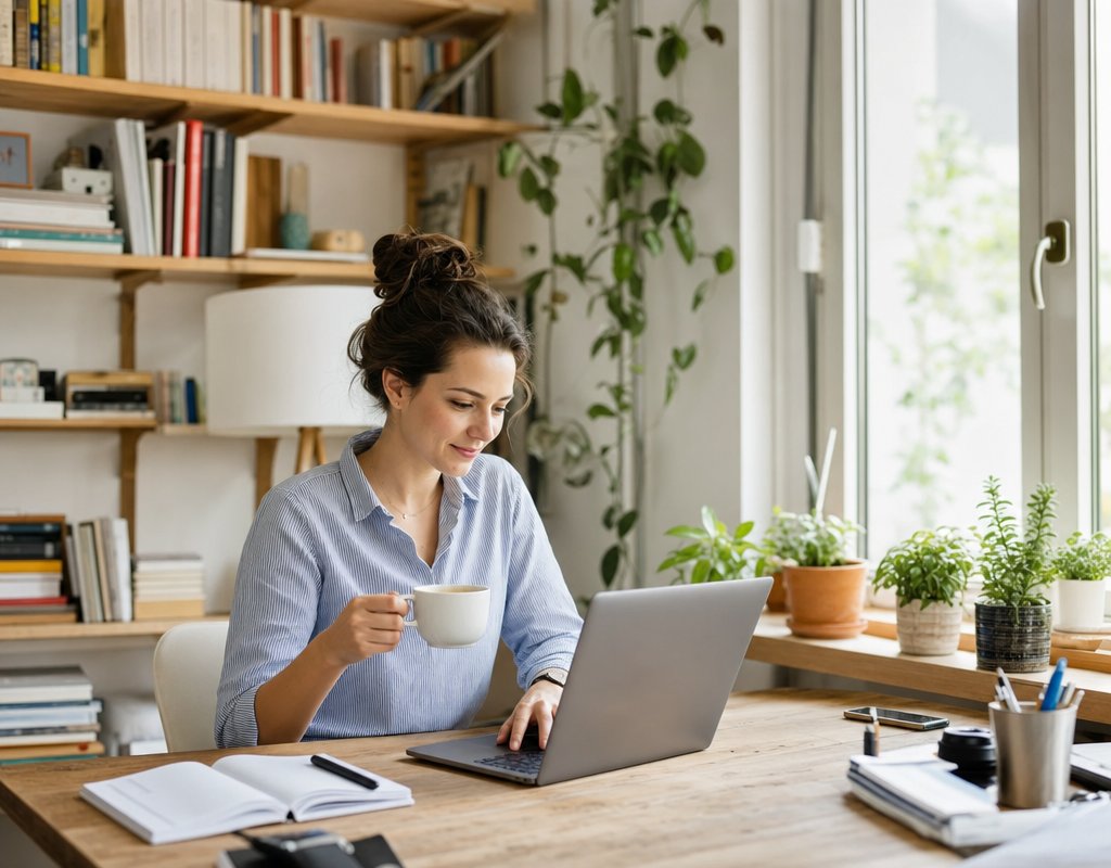 Employees enjoying flexible work in a cozy home office with natural light and coffee