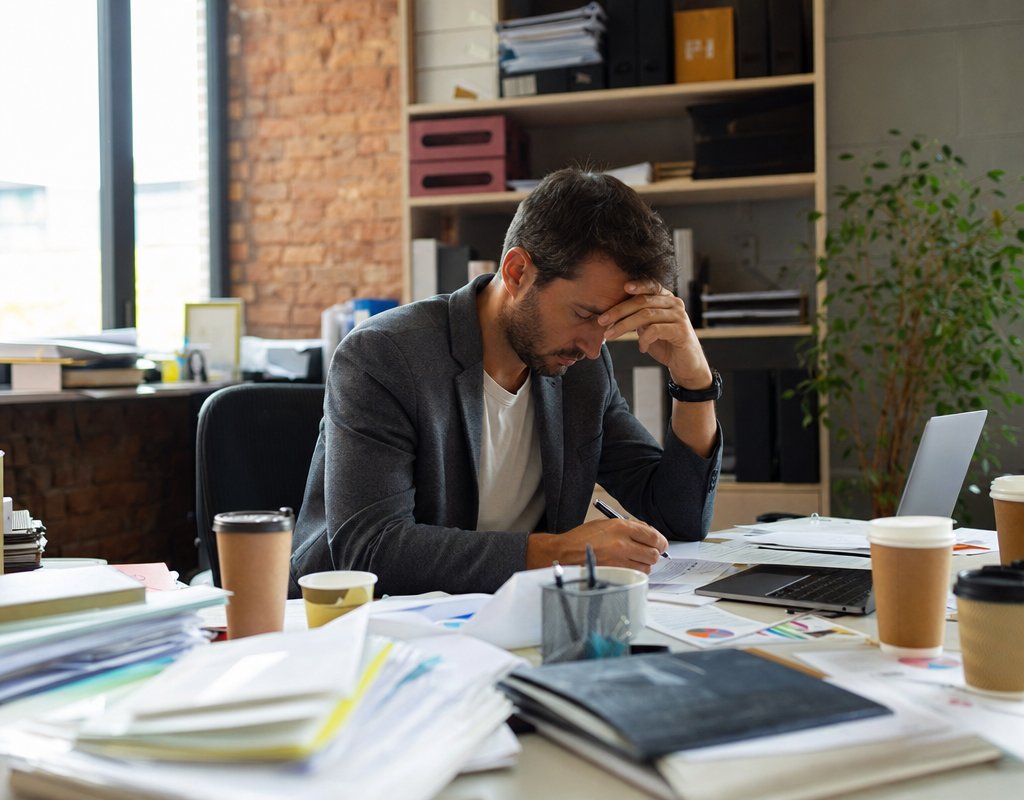 entrepreneur stressed at desk surrounded by paperwork and coffee cups during startup struggle