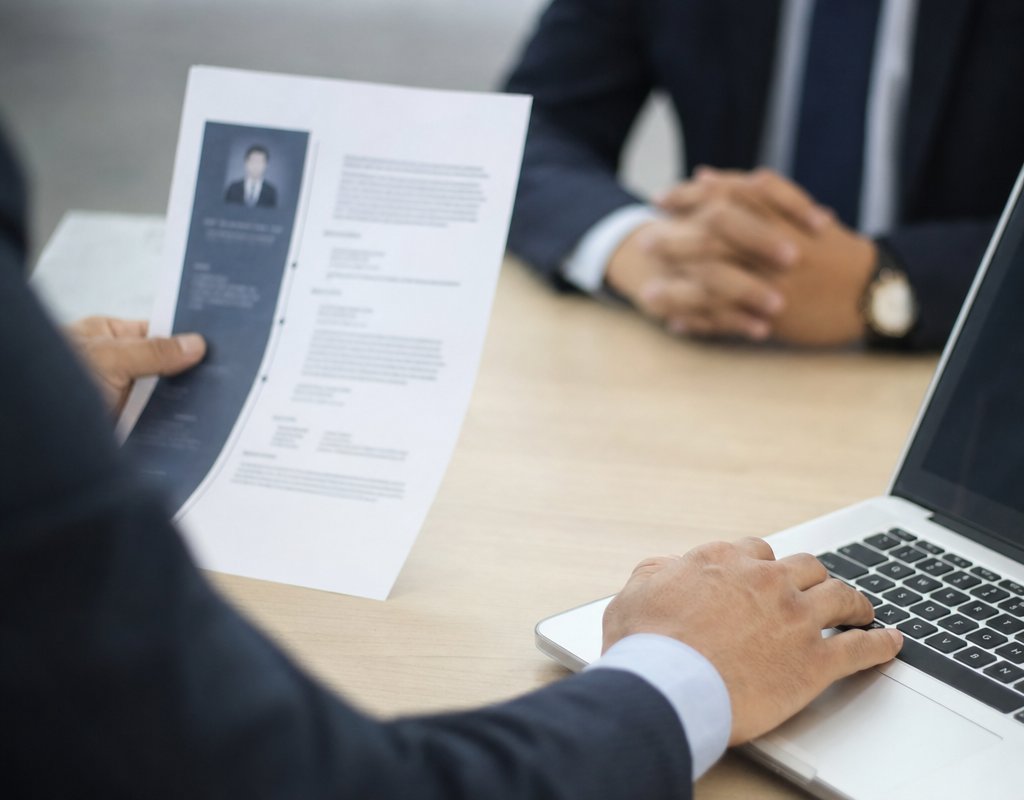 close-up of a professional's hands holding a resume and laptop keyboard during a job interview meeting