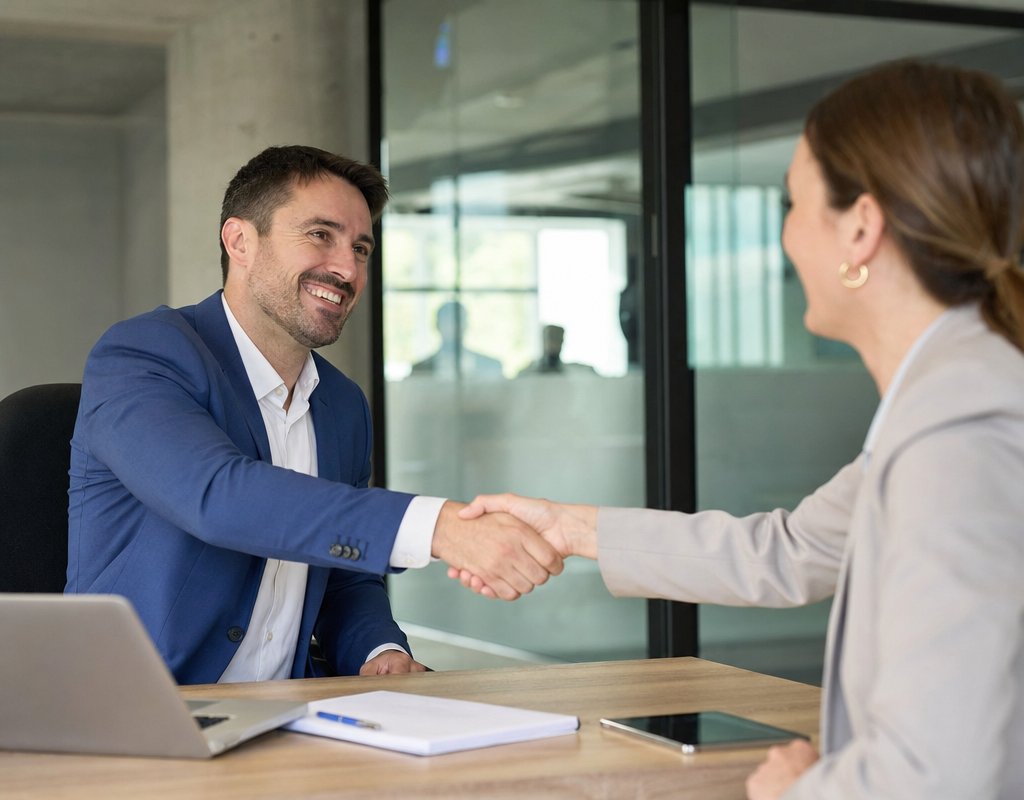 Two colleagues shaking hands after a successful job interview in a modern office