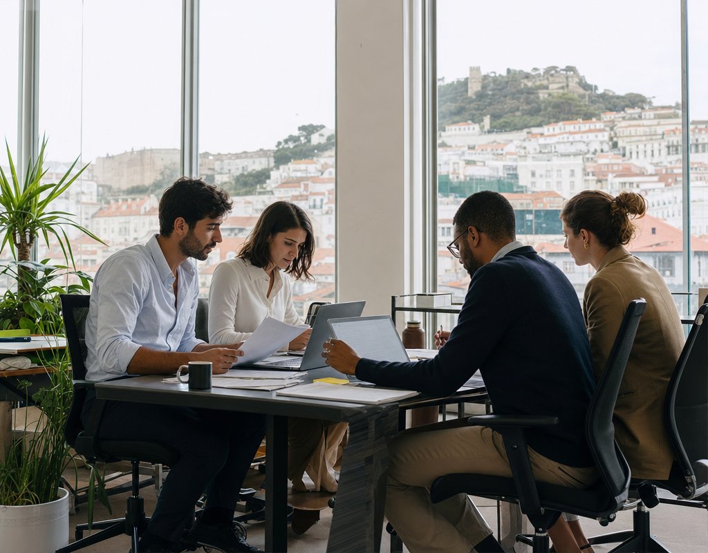 Diverse professionals discussing paperwork and laptops in a modern bright Lisbon office