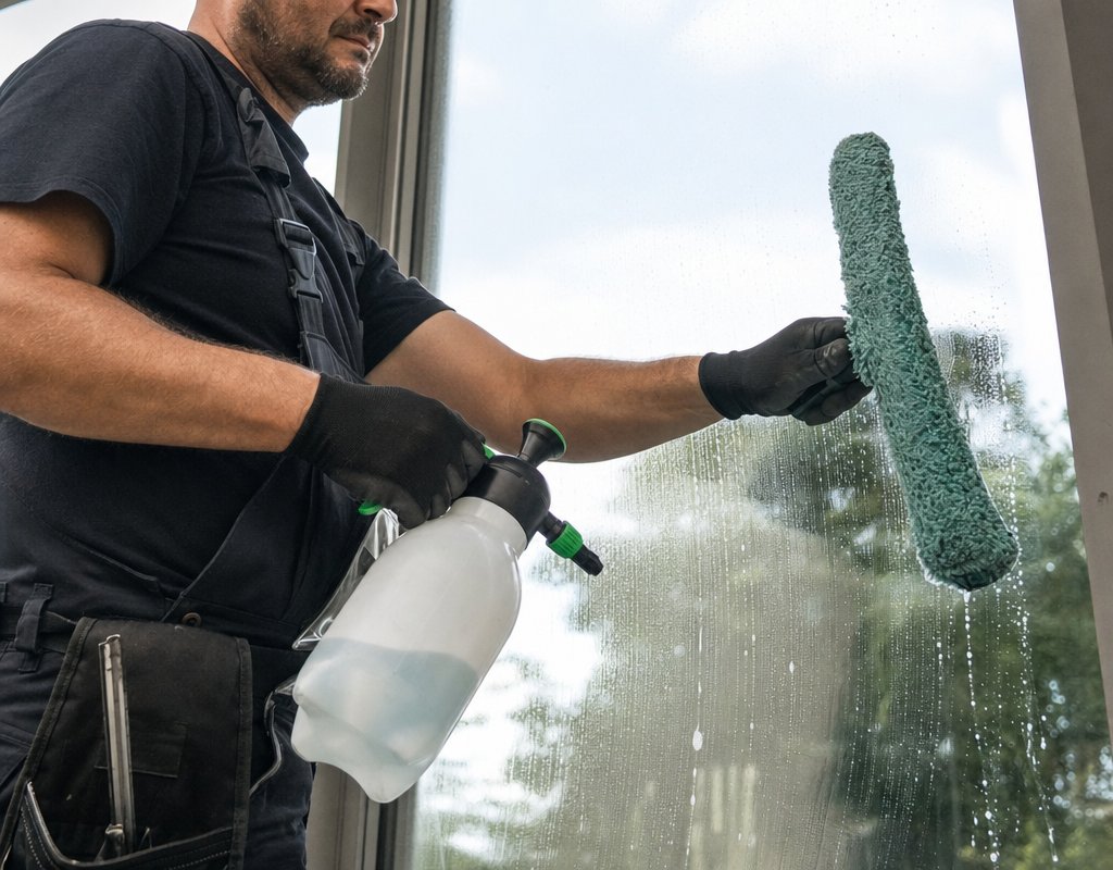 close-up of a professional cleaning worker applying solution to a glass window with a microfiber applicator, detailed hands and tools visible