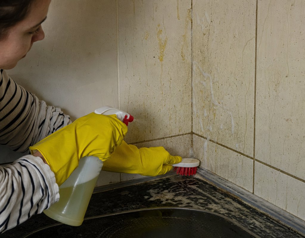 Close-up photo of a person scrubbing a greasy kitchen corner with a brush and cleaning spray
