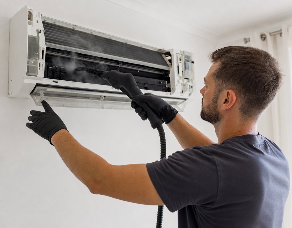 Cleaning professional using equipment to sanitize a wall-mounted air conditioning unit
