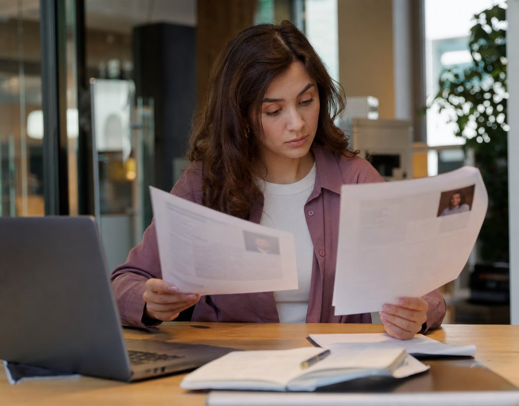 Professional young person reviewing resume documents at a modern desk with laptop