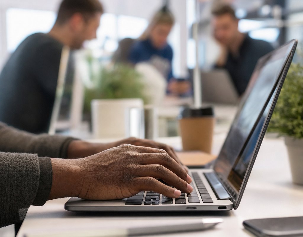 Close-up of hands typing on a laptop keyboard in a bright office setting